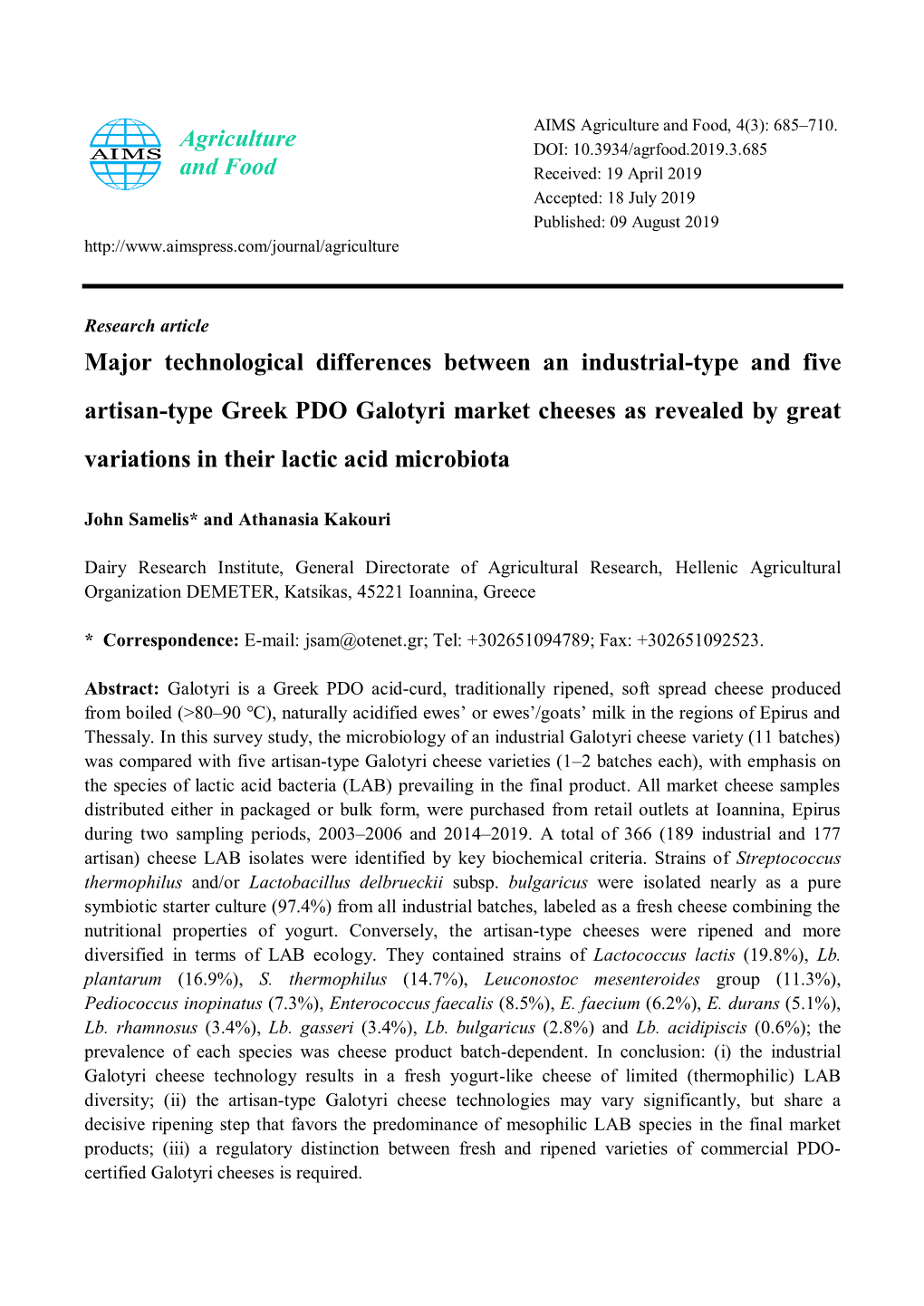 Differences in the Biodiversity of Lactic Acid Bacteria Between an Industrial-Type and Artisan-Type Greek PDO Galotyri Cheese