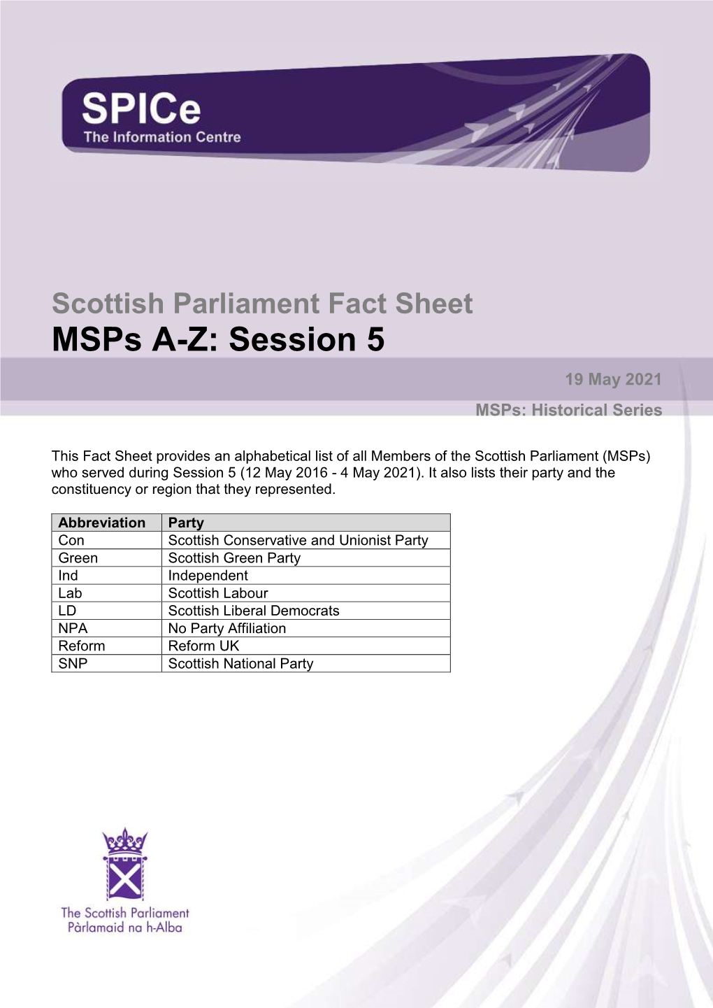 Fact Sheet Msps A-Z: Session 5 19 May 2021 Msps: Historical Series