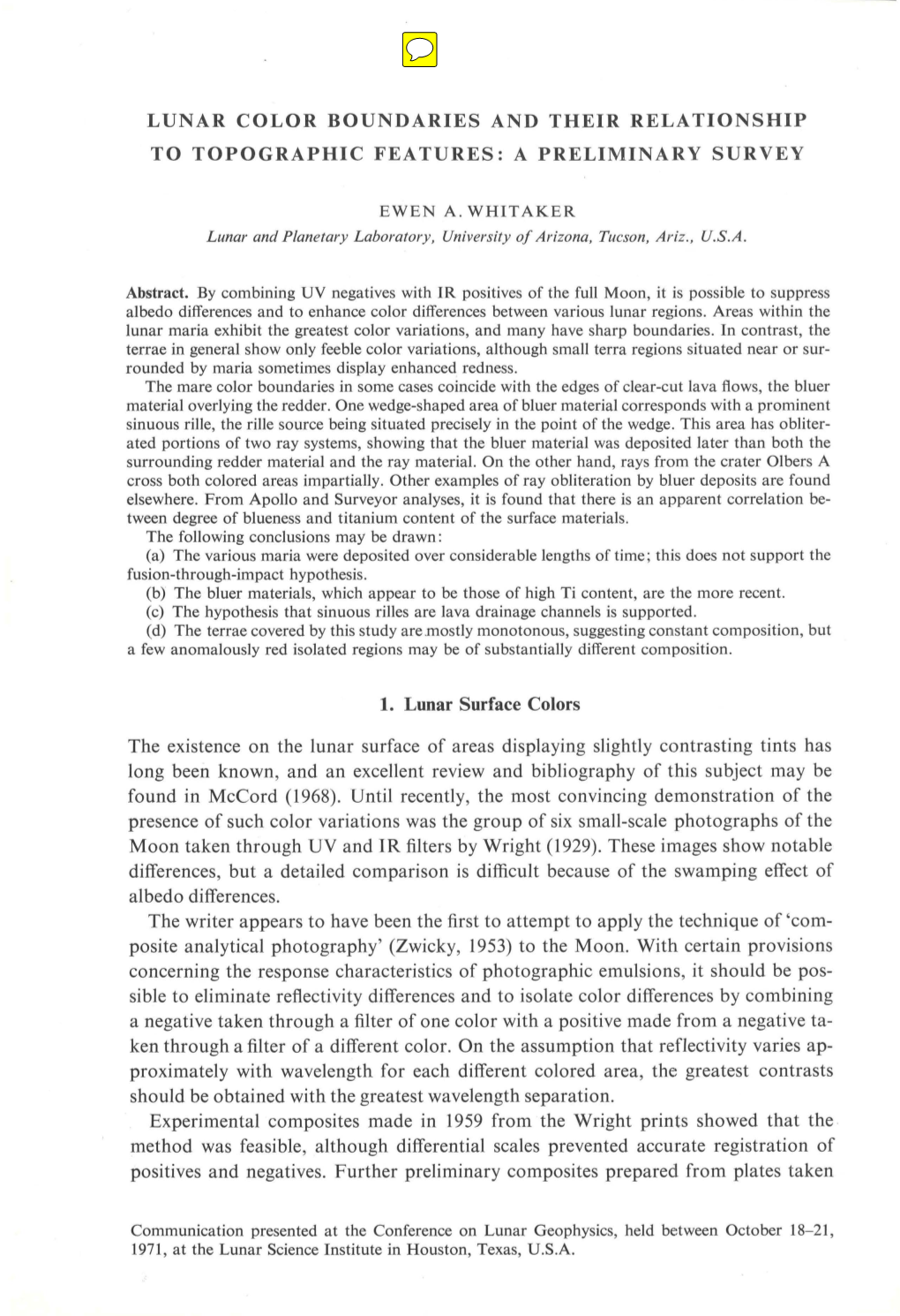 Lunar Color Boundaries and Their Relationship to Topographic Features: a Preliminary Survey