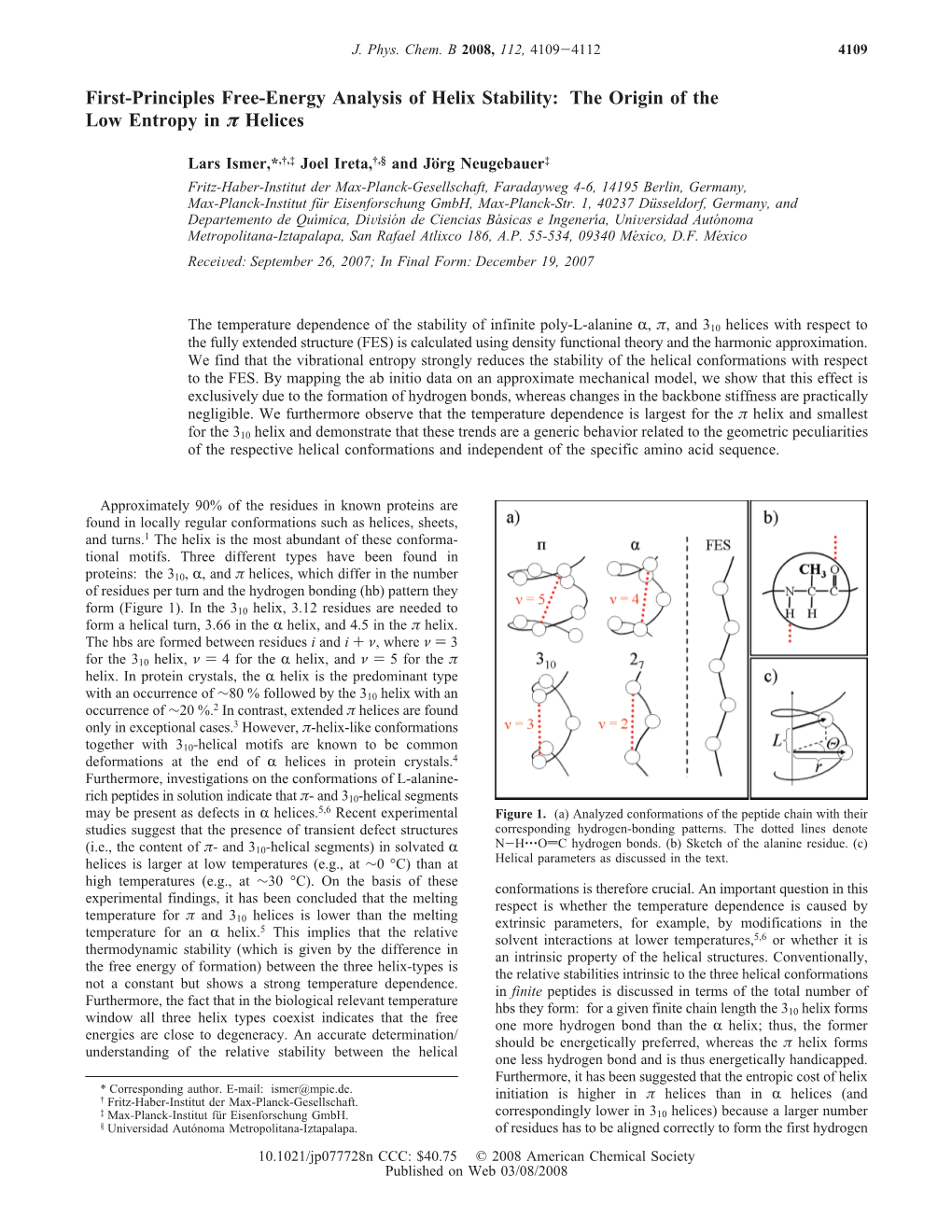 First-Principles Free-Energy Analysis of Helix Stability: the Origin of the Low Entropy in Π Helices