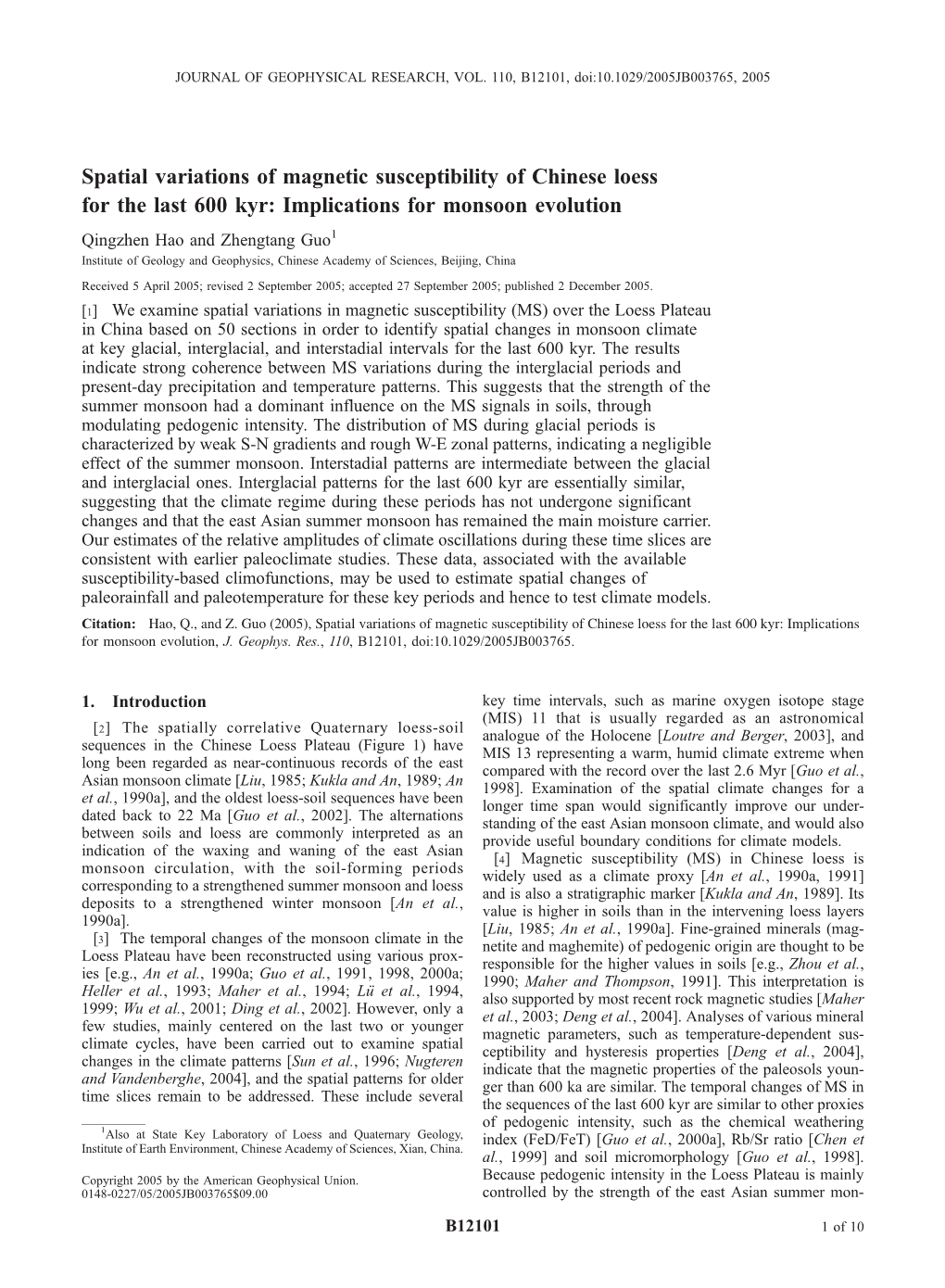 Spatial Variations of Magnetic Susceptibility of Chinese Loess For