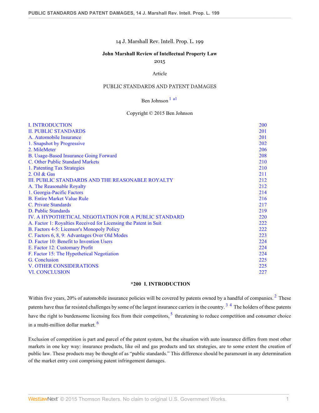 © 2015 Thomson Reuters. No Claim to Original U.S. Government Works. 1 PUBLIC STANDARDS and PATENT DAMAGES, 14 J