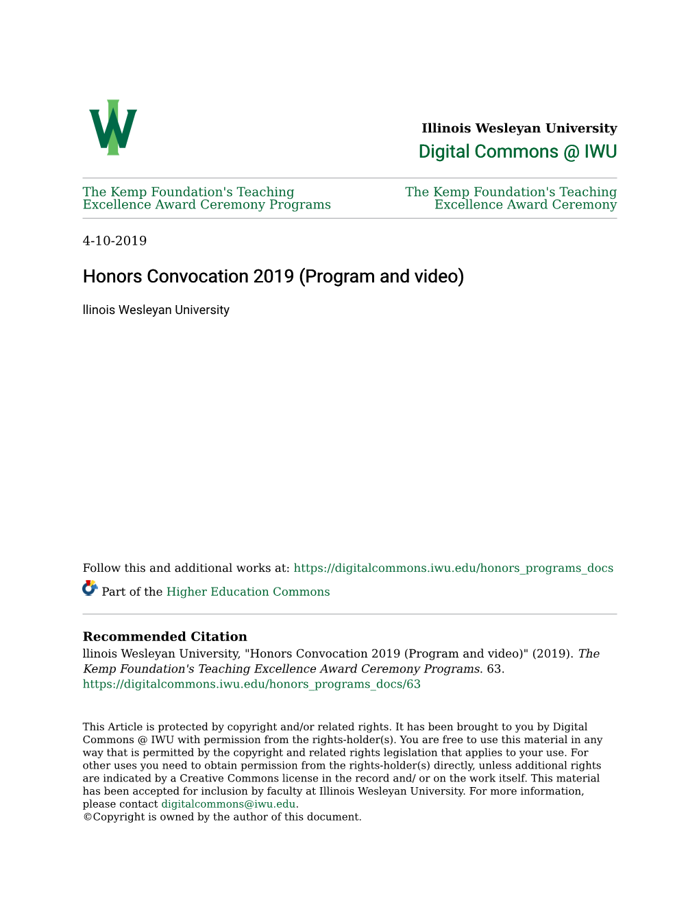 Honors Convocation 2019 (Program and Video) Llinois Wesleyan University