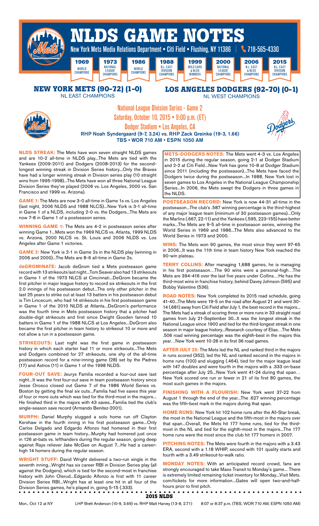 NLDS GAME NOTES New York Mets Media Relations Department • Citi Field • Flushing, NY 11386 | 718-565-4330 1969 1973 1986 1988 1999 2000 2006 2015 NATIONAL N.L