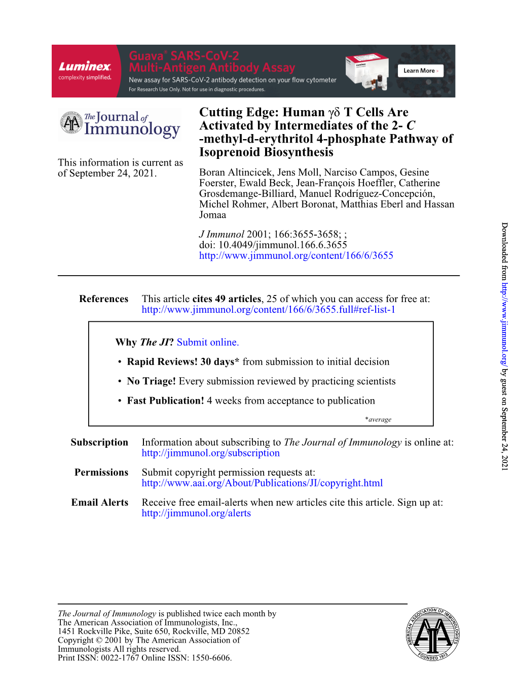 Isoprenoid Biosynthesis This Information Is Current As of September 24, 2021