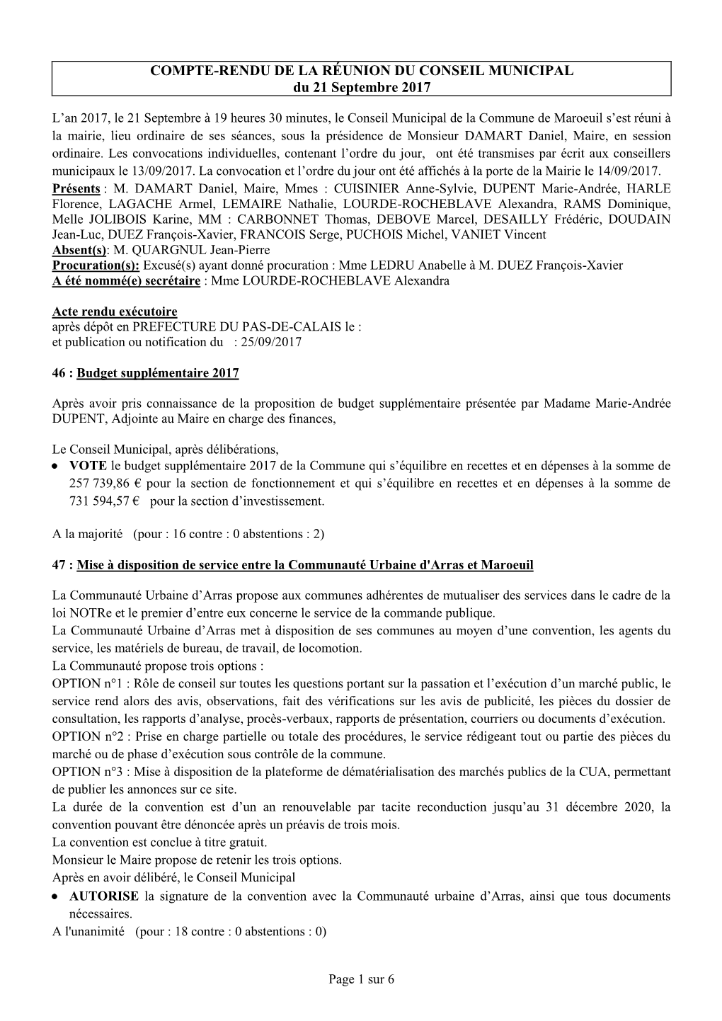 COMPTE-RENDU DE LA RÉUNION DU CONSEIL MUNICIPAL Du 21 Septembre 2017