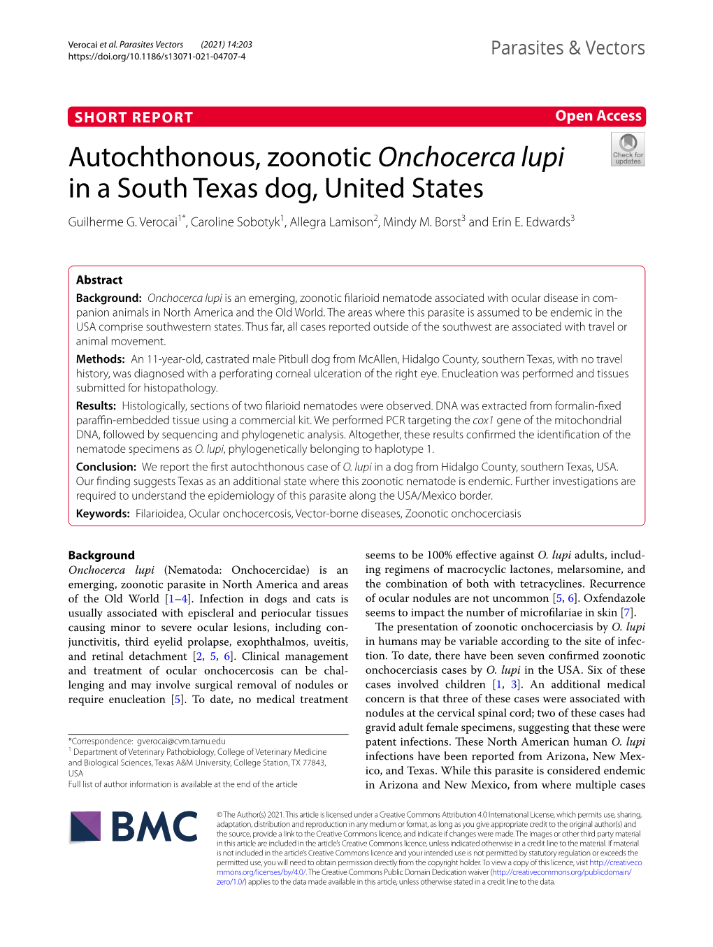 Autochthonous, Zoonotic Onchocerca Lupi in a South Texas Dog, United States Guilherme G