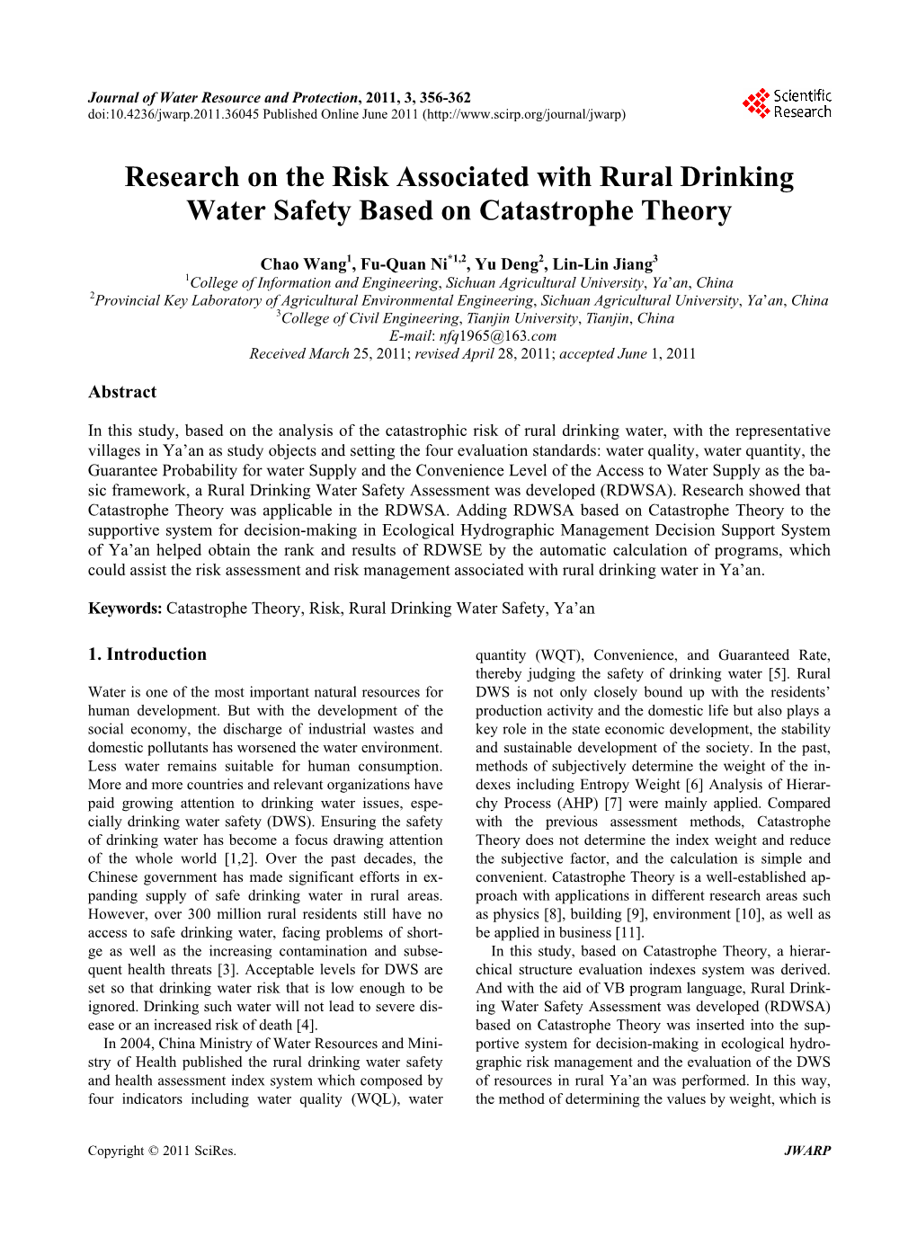 Research on the Risk Associated with Rural Drinking Water Safety Based on Catastrophe Theory