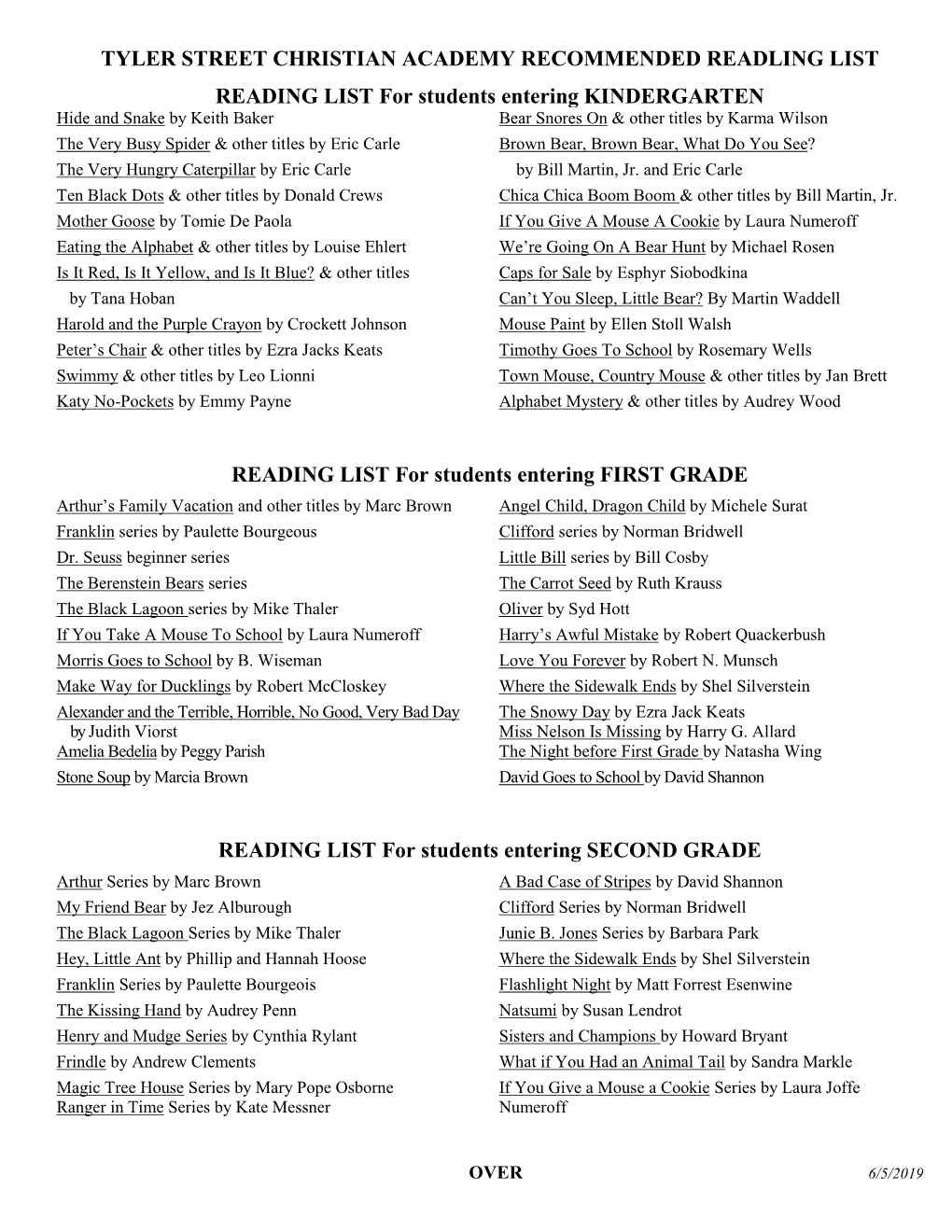 Tyler Street Christian Academy Recommended Readling List