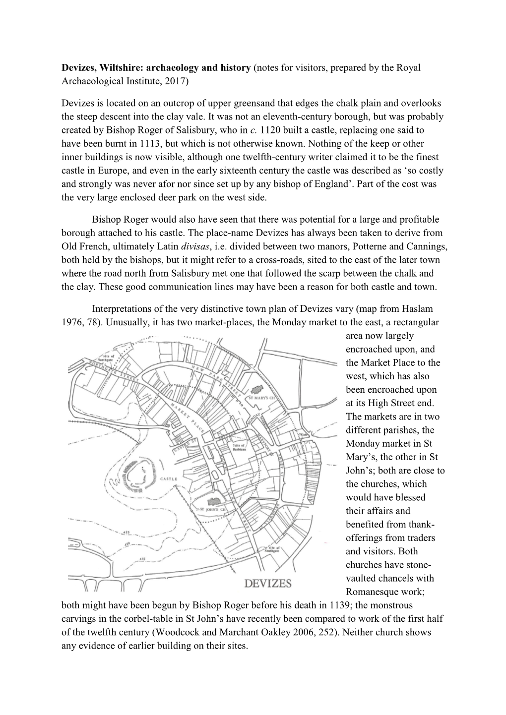 Devizes, Wiltshire: Archaeology and History (Notes for Visitors, Prepared by the Royal Archaeological Institute, 2017)