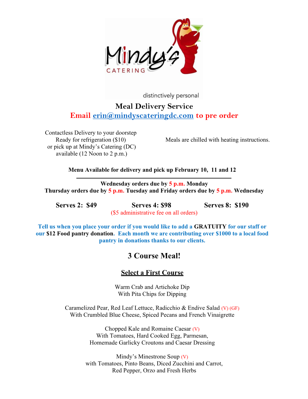 Meal Delivery Service Email Erin@Mindyscateringdc.Com to Pre Order