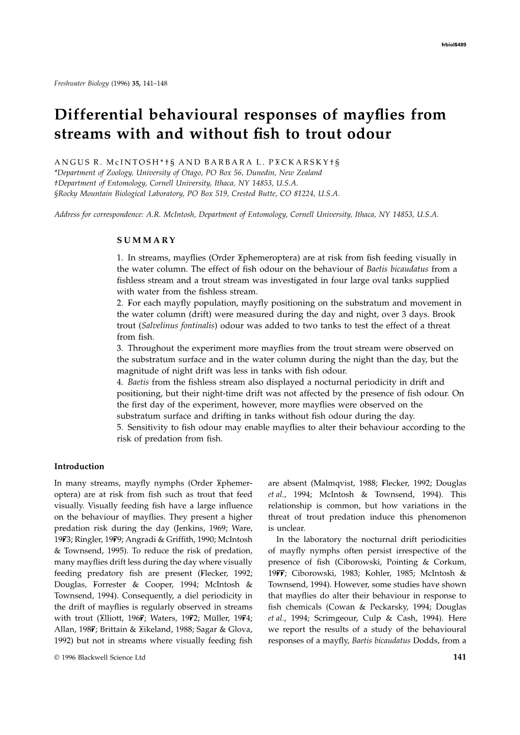 Differential Behavioural Responses of Mayflies from Streams with And