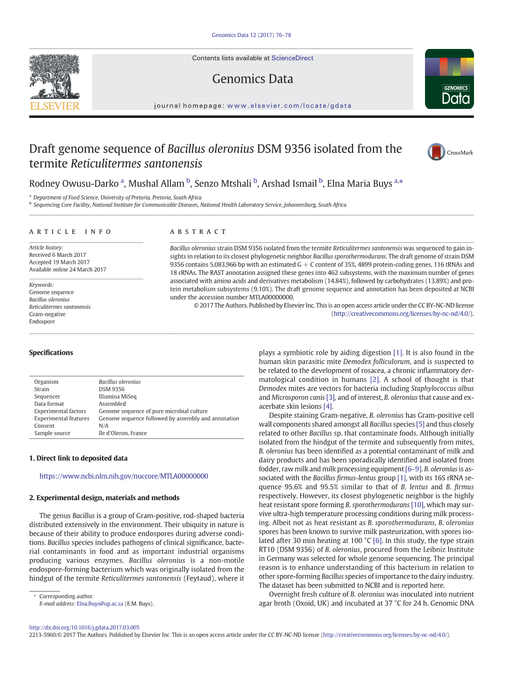 Draft Genome Sequence of Bacillus Oleronius DSM 9356 Isolated from the Termite Reticulitermes Santonensis