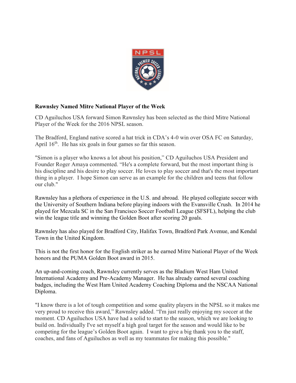 Rawnsley Named Mitre National Player of the Week CD Aguiluchos