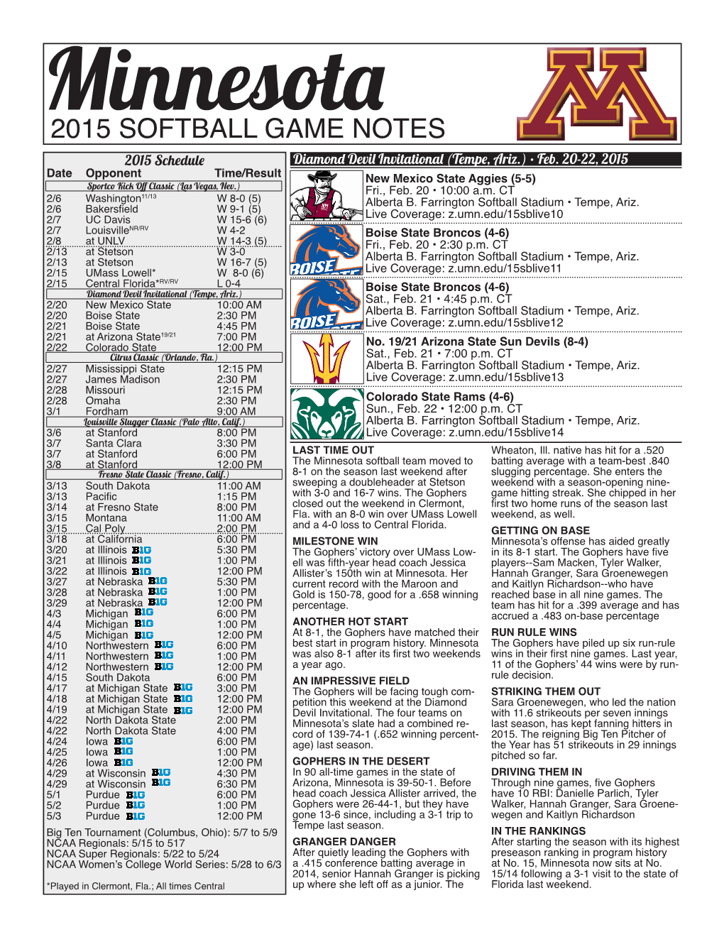 2015 SOFTBALL GAME NOTES 2015 Schedule Diamond Devil Invitational (Tempe, Ariz.)• Feb