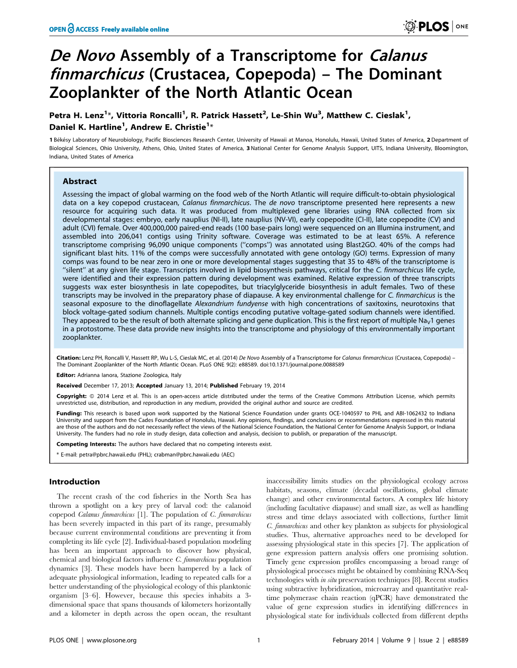 De Novo Assembly of a Transcriptome for Calanus Finmarchicus (Crustacea, Copepoda) – the Dominant Zooplankter of the North Atlantic Ocean