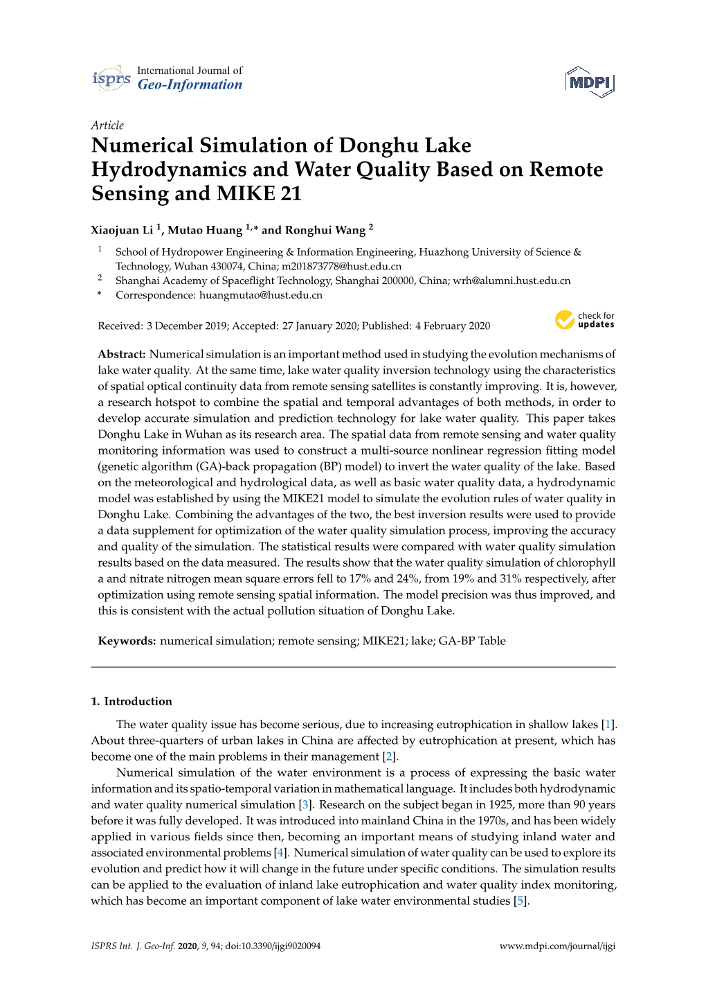 Numerical Simulation of Donghu Lake Hydrodynamics and Water Quality Based on Remote Sensing and MIKE 21