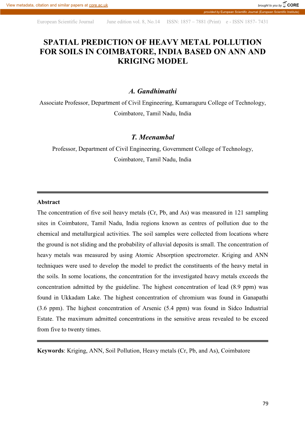 Spatial Prediction of Heavy Metal Pollution for Soils in Coimbatore, India Based on Ann and Kriging Model