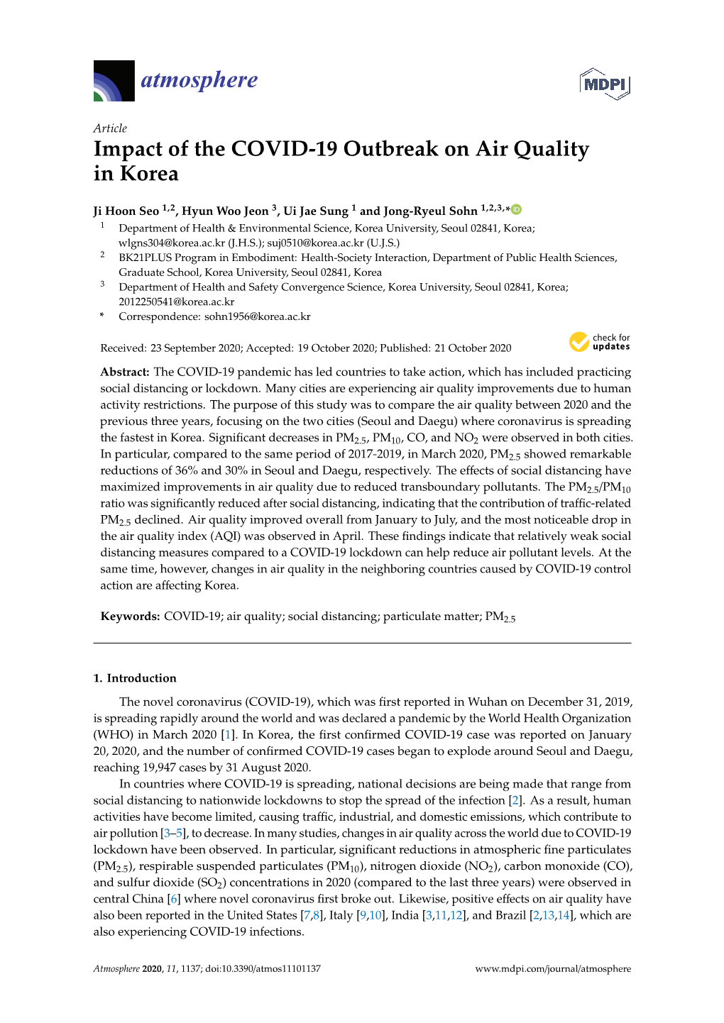 Impact of the COVID-19 Outbreak on Air Quality in Korea