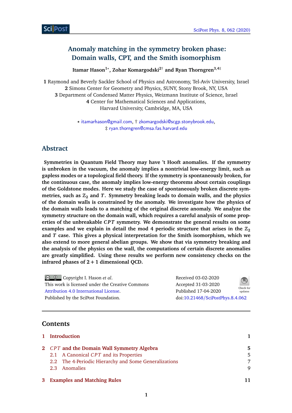 Anomaly Matching in the Symmetry Broken Phase: Domain Walls, CPT, and the Smith Isomorphism