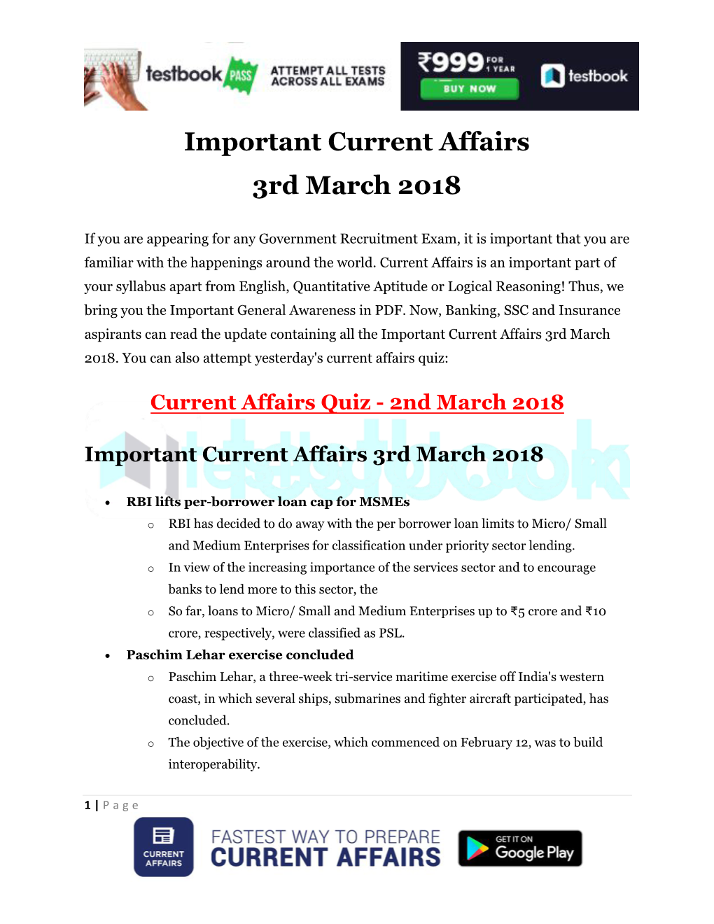 Important Current Affairs 3Rd March 2018