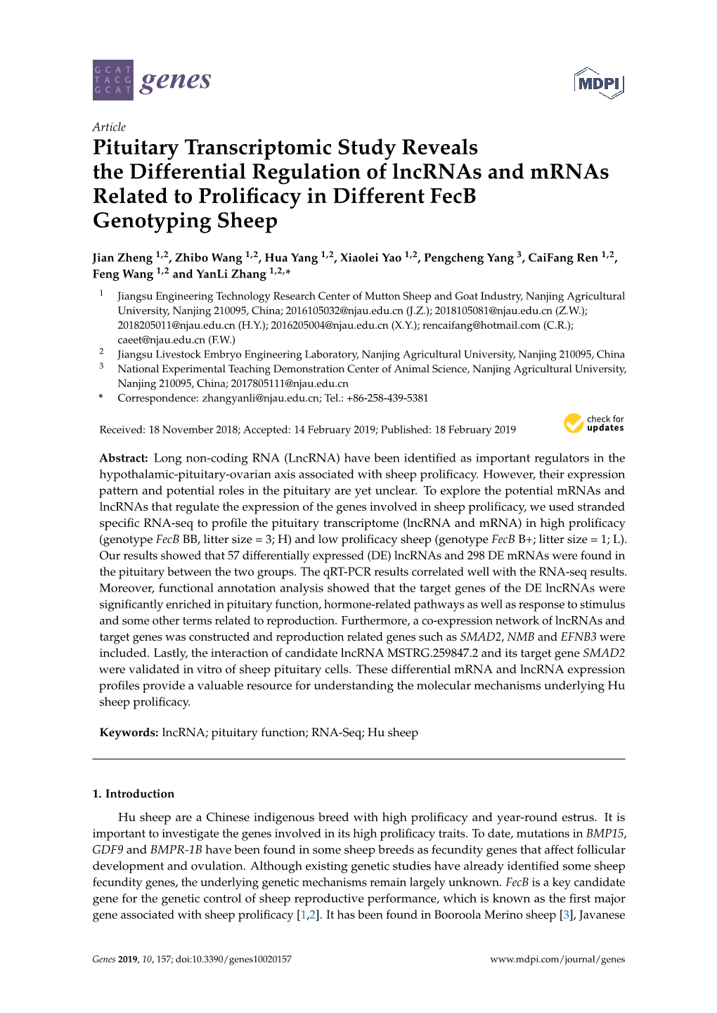 Pituitary Transcriptomic Study Reveals the Differential Regulation of Lncrnas and Mrnas Related to Proliﬁcacy in Different Fecb Genotyping Sheep