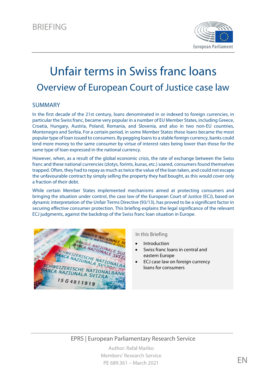 Unfair Terms in Swiss Franc Loans Overview of European Court of Justice Case Law