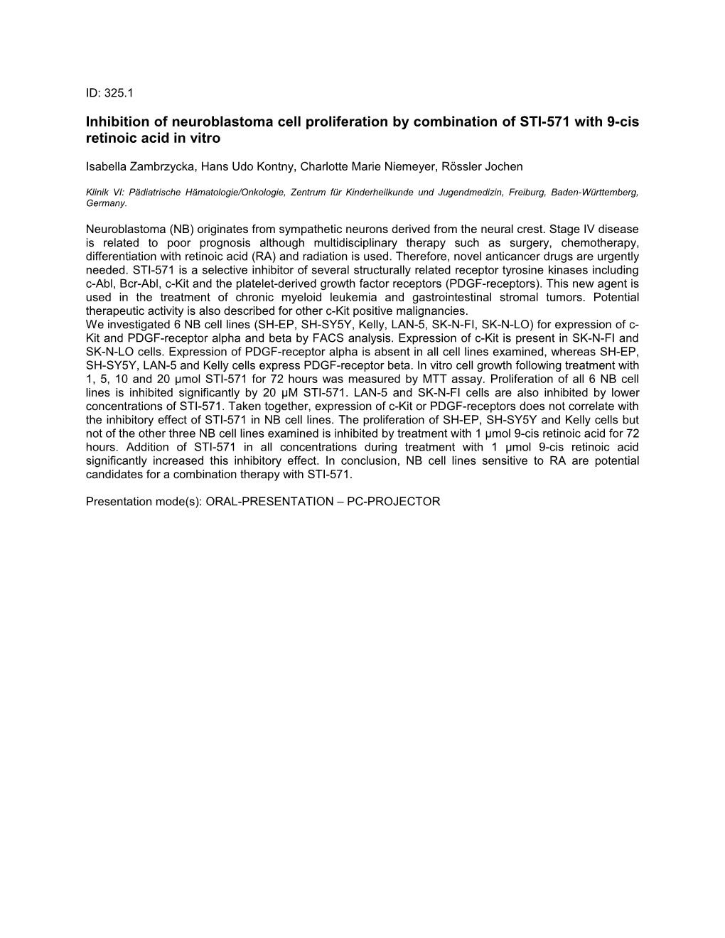 Inhibition of Neuroblastoma Cell Proliferation by Combination of STI-571 with 9-Cis Retinoic