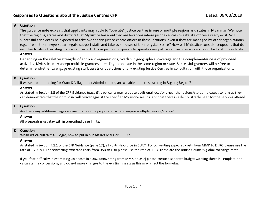 Responses to Questions About the Justice Centres CFP Dated: 06/08/2019