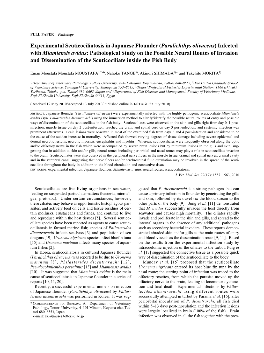 Experimental Scuticociliatosis in Japanese Flounder (Paralichthys