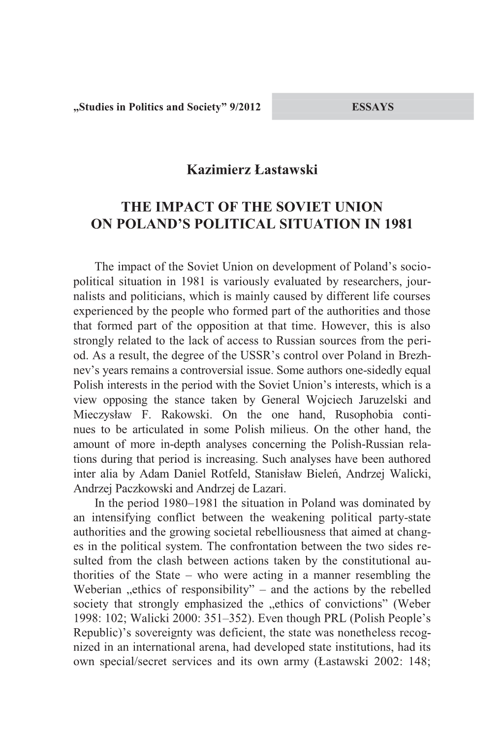 Kazimierz Łastawski the IMPACT of the SOVIET UNION ON