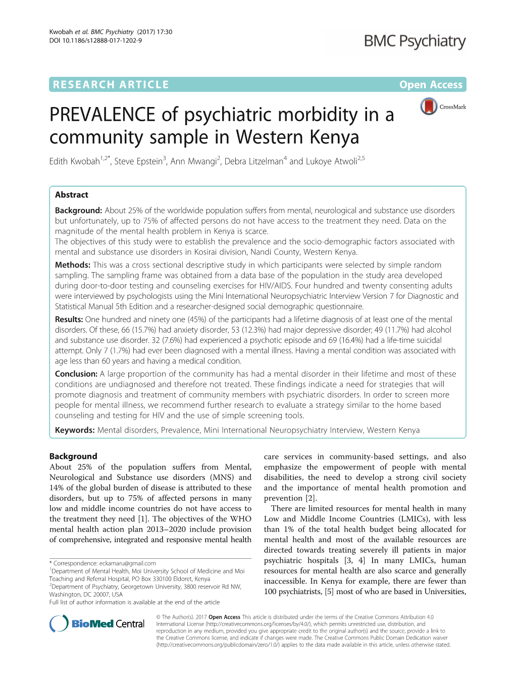 PREVALENCE of Psychiatric Morbidity in a Community Sample in Western Kenya Edith Kwobah1,2*, Steve Epstein3, Ann Mwangi2, Debra Litzelman4 and Lukoye Atwoli2,5