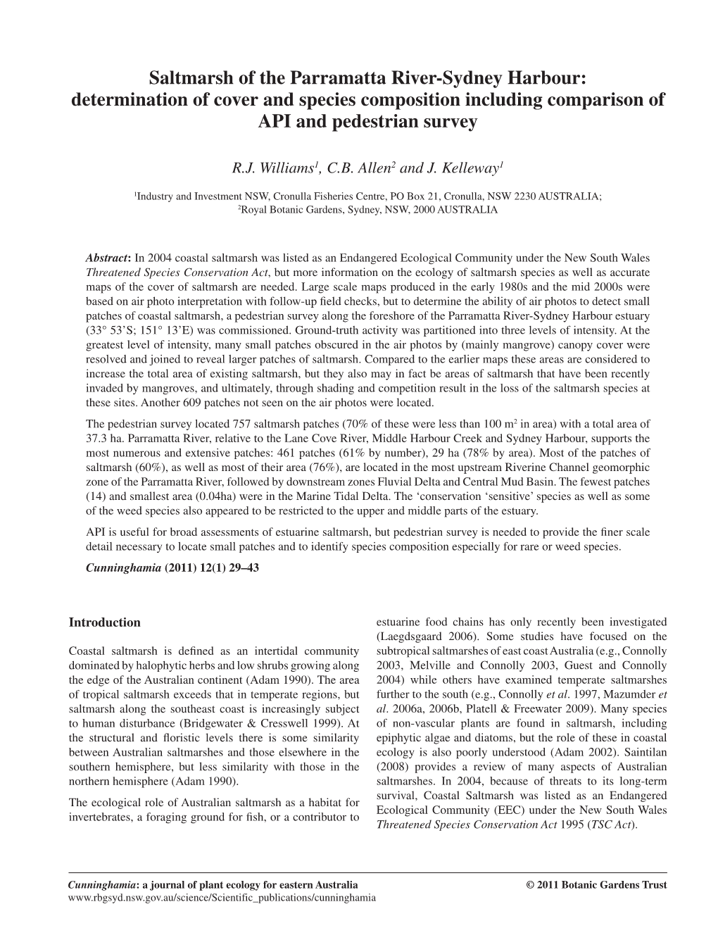 Saltmarsh of the Parramatta River-Sydney Harbour: Determination of Cover and Species Composition Including Comparison of API and Pedestrian Survey