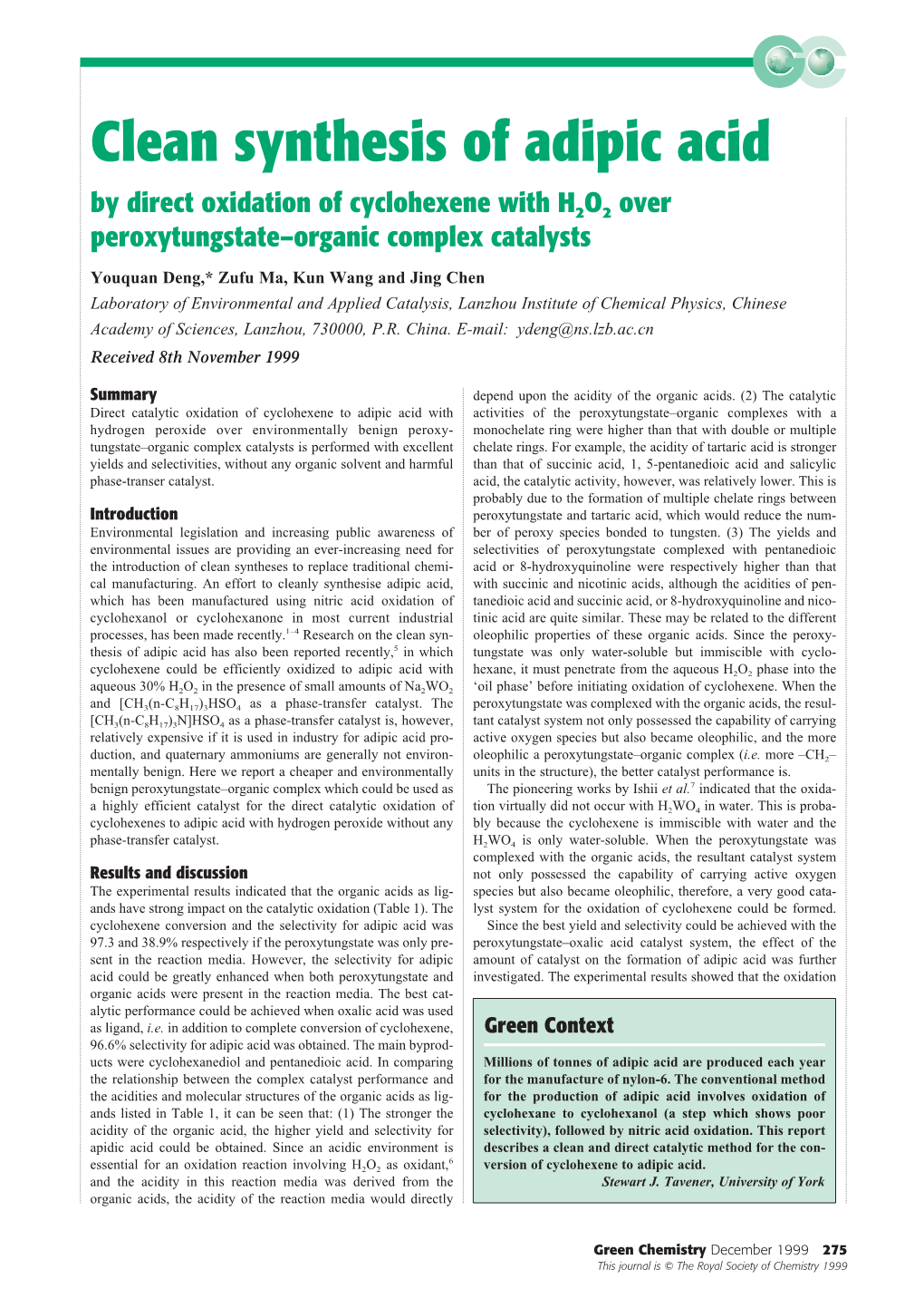 Clean Synthesis of Adipic Acid by Direct Oxidation of Cyclohexene with H2O2 Over Peroxytungstate–Organic Complex Catalysts