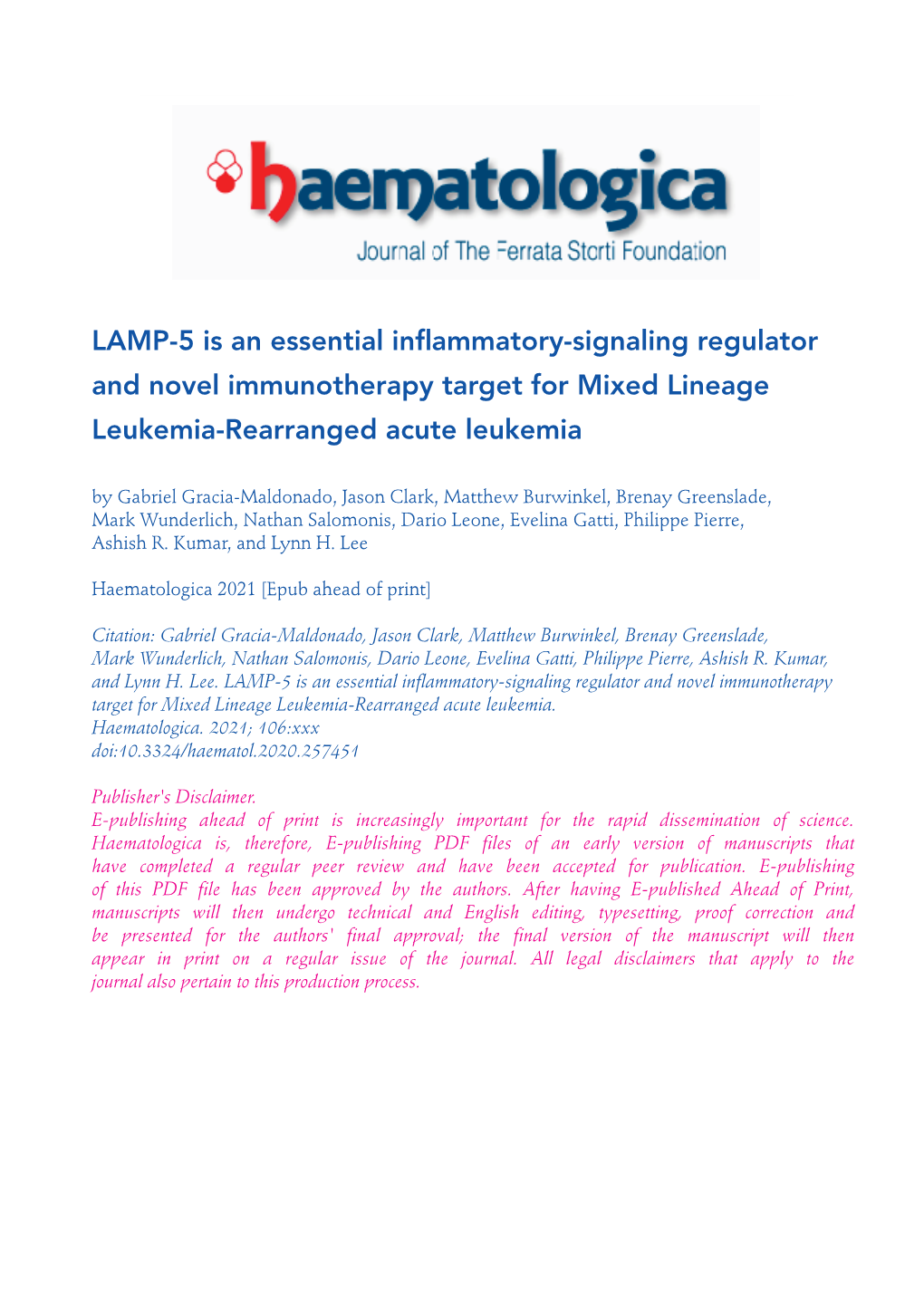 LAMP-5 Is an Essential Inflammatory-Signaling Regulator and Novel Immunotherapy Target for Mixed Lineage Leukemia-Rearranged Acute Leukemia