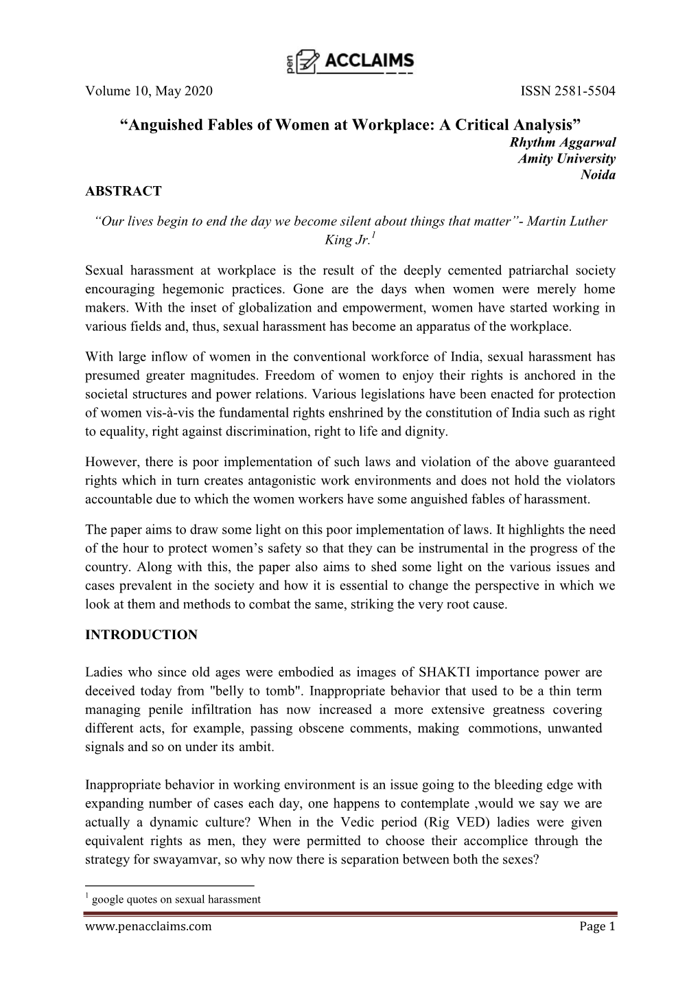 “Anguished Fables of Women at Workplace: a Critical Analysis” Rhythm Aggarwal Amity University Noida ABSTRACT