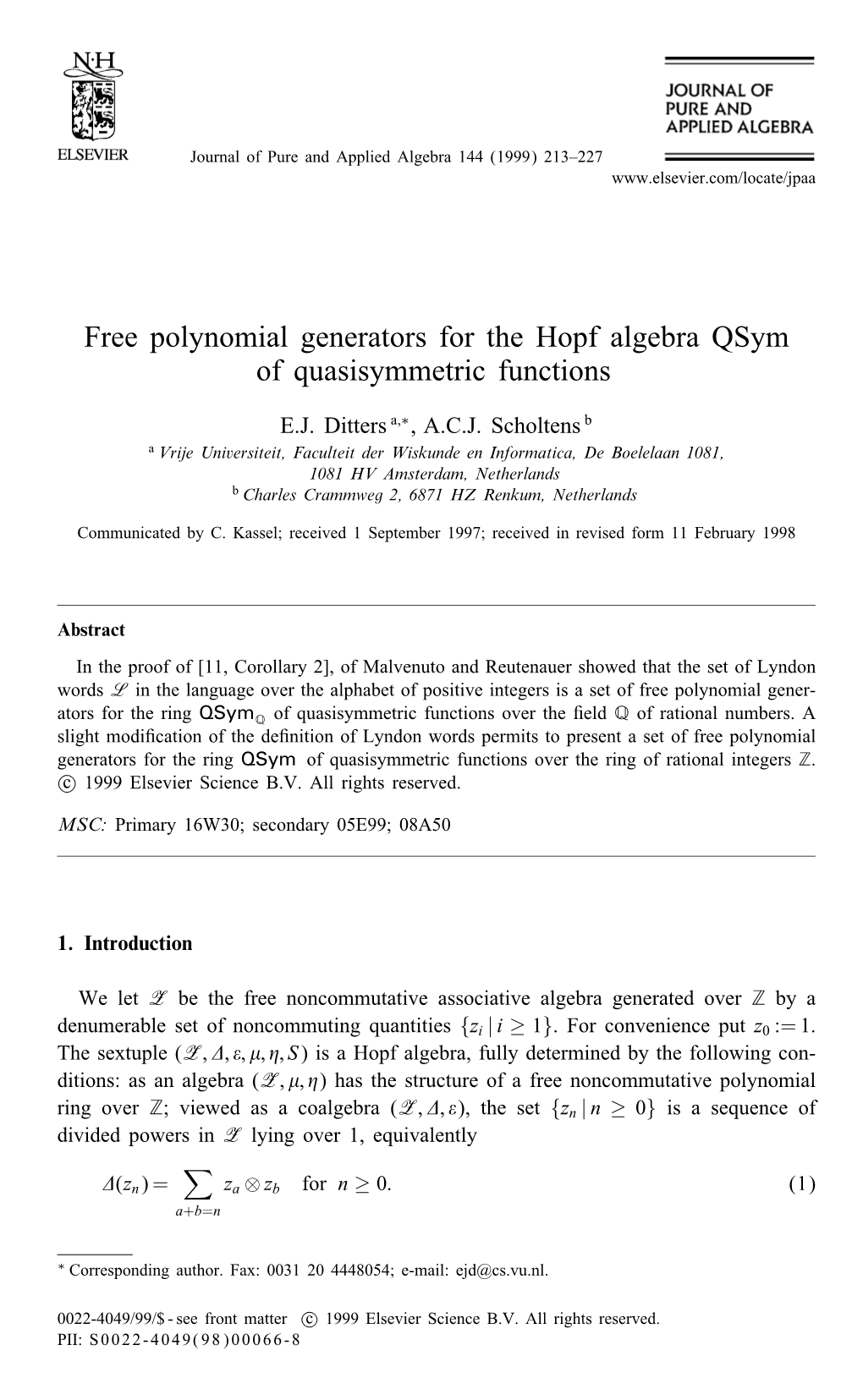 Free Polynomial Generators for the Hopf Algebra Qsym of Quasisymmetric Functions