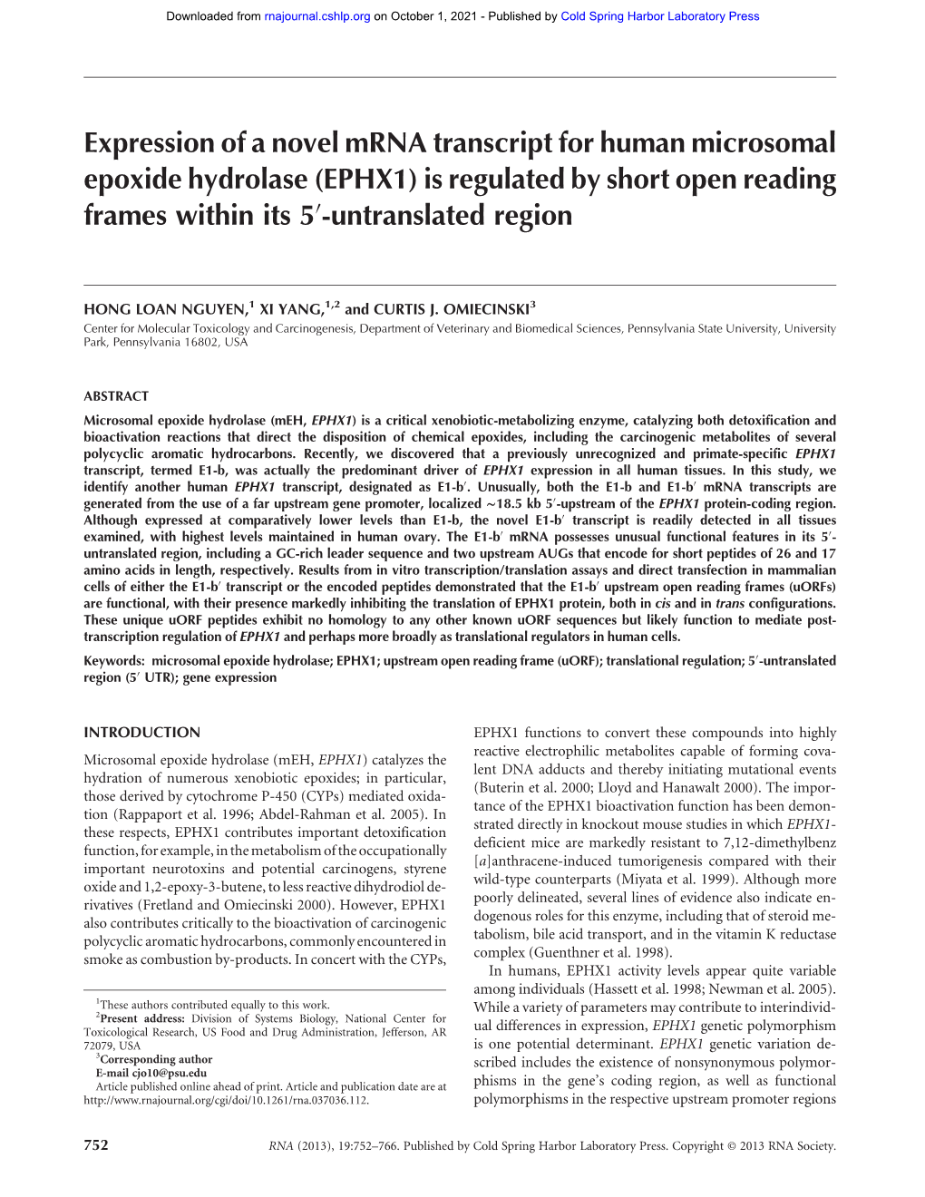 Expression of a Novel Mrna Transcript for Human Microsomal Epoxide Hydrolase (EPHX1) Is Regulated by Short Open Reading Frames Within Its 5′-Untranslated Region