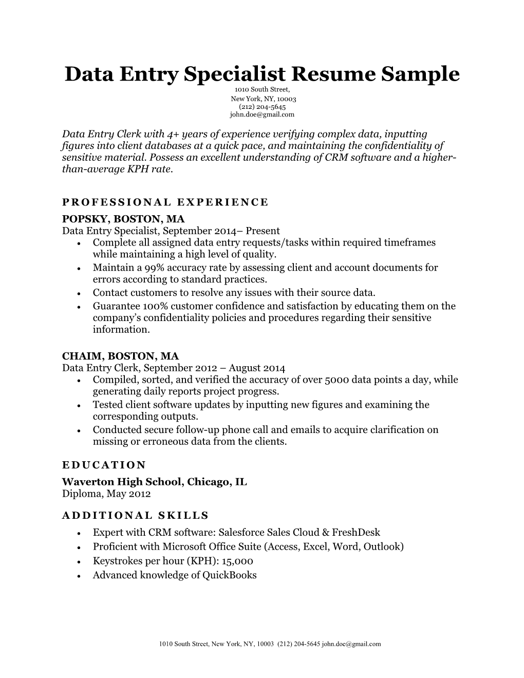 Data Entry Specialist Resume Sample