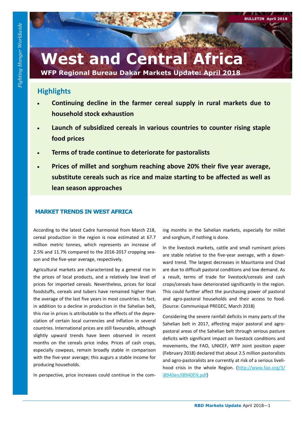 West and Central Africa WFP Regional Bureau Dakar Markets Update: April 2018