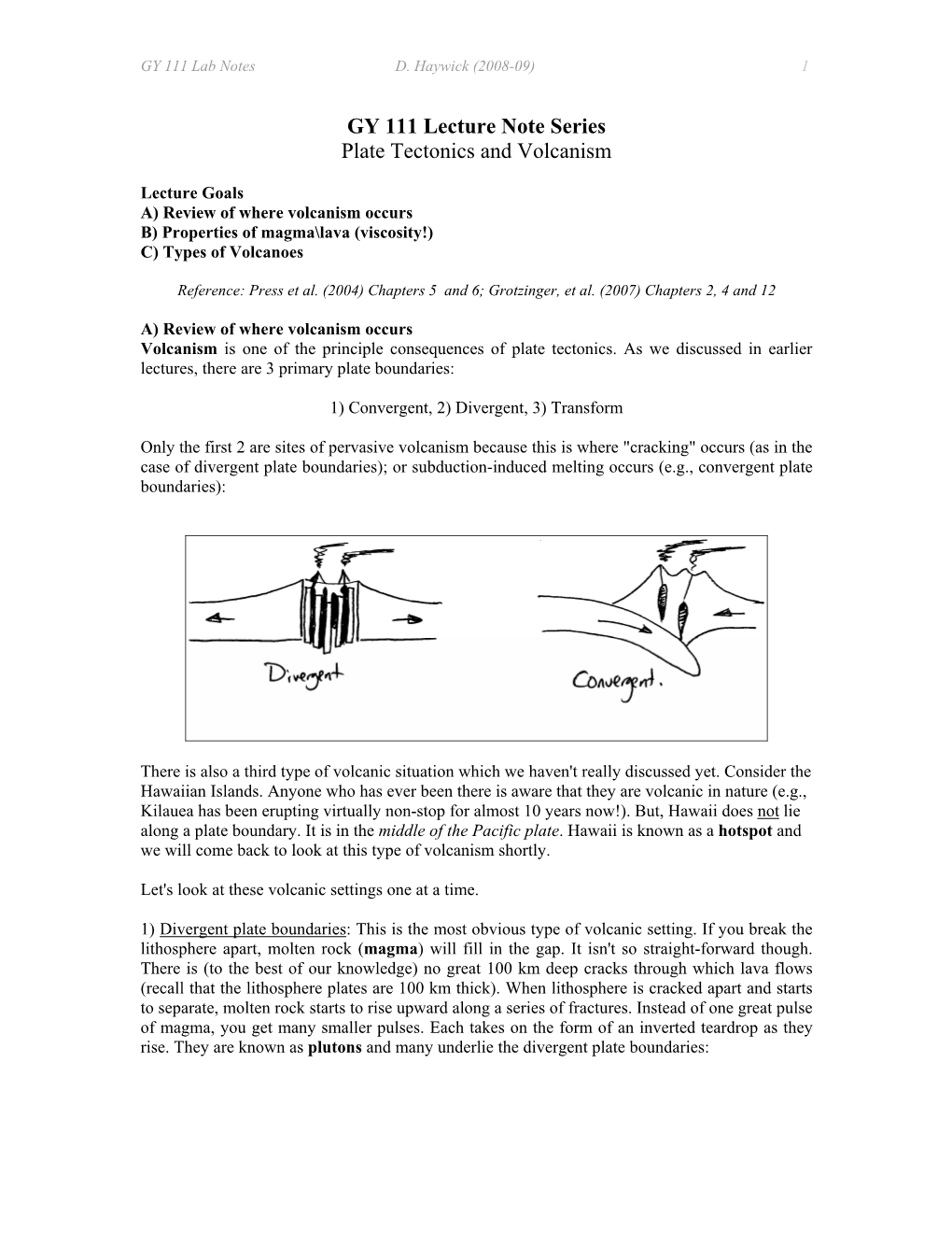 GY 111 Lecture Note Series Plate Tectonics and Volcanism