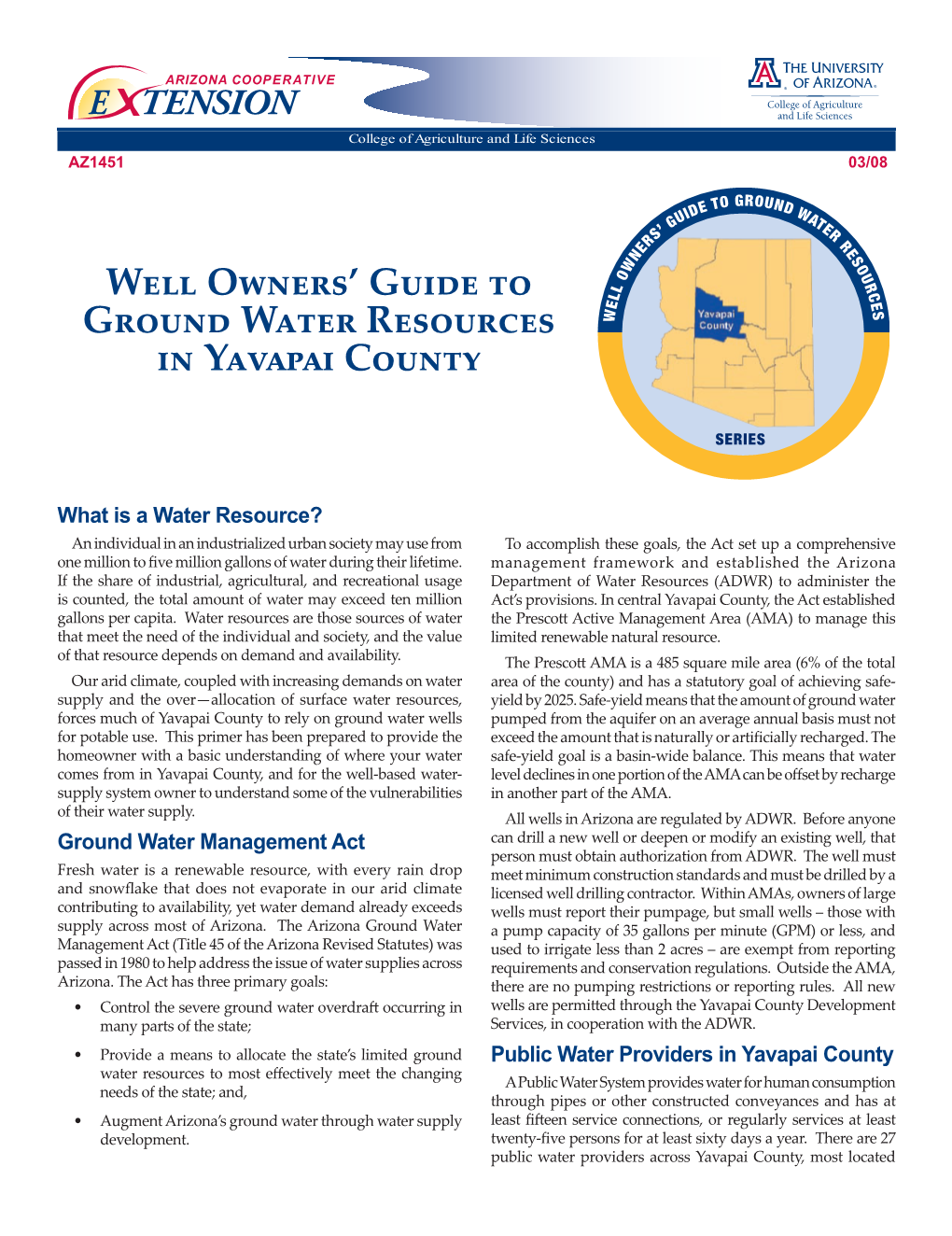 Well Owners' Guide to Ground Water Resources in Yavapai County