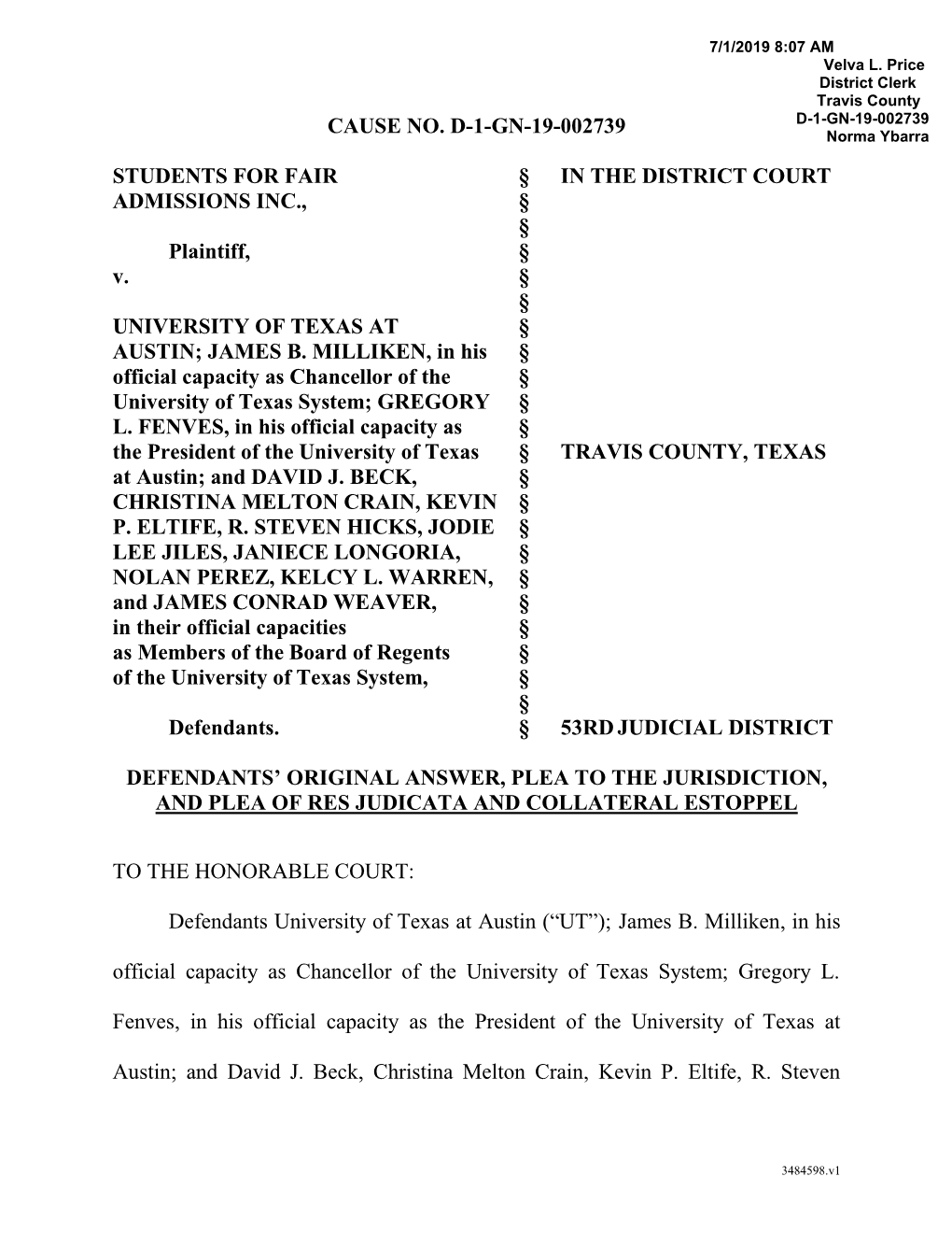 CAUSE NO. D-1-GN-19-002739 STUDENTS for FAIR § in the DISTRICT COURT ADMISSIONS INC., § § Plaintiff, § V. § § UNIVE