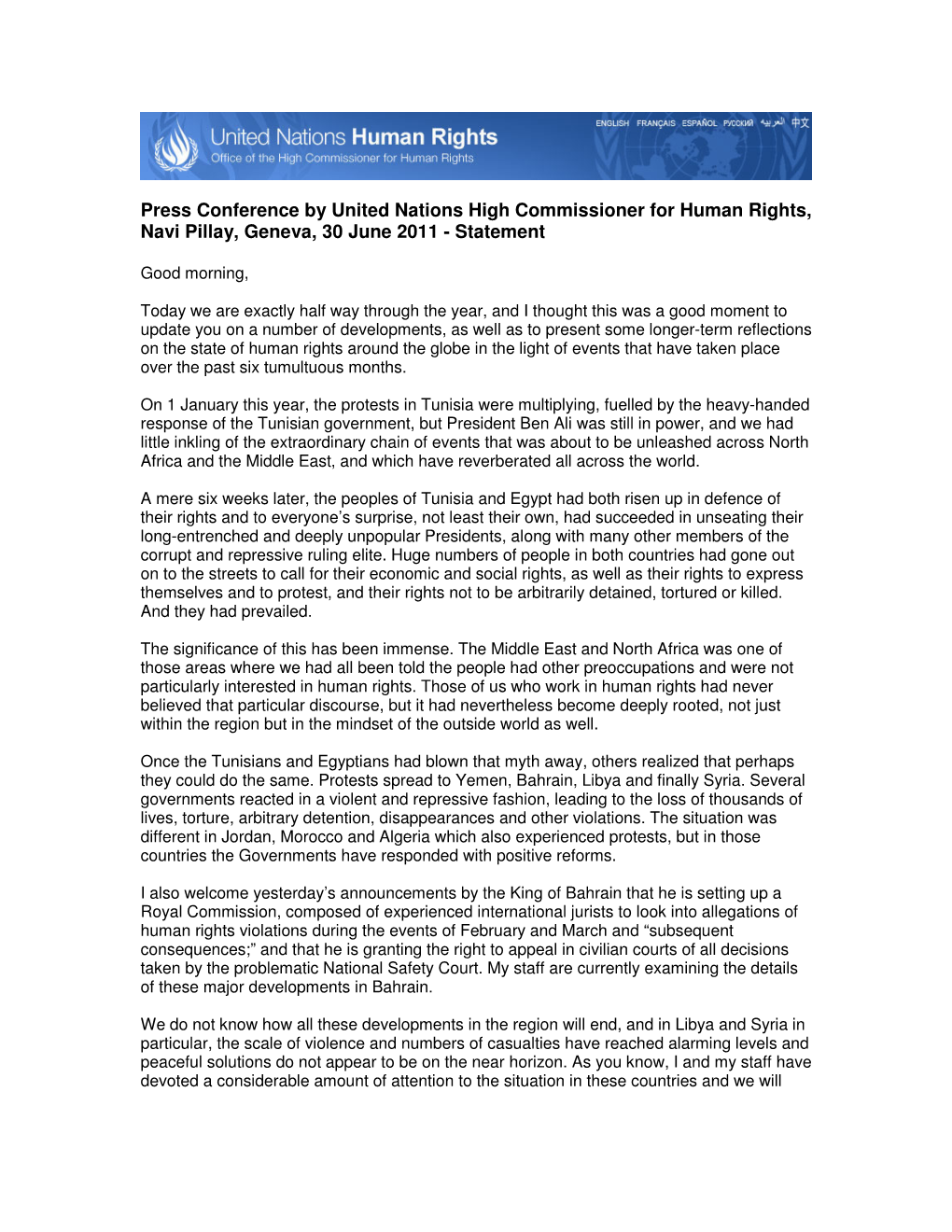 Press Conference by United Nations High Commissioner for Human Rights, Navi Pillay, Geneva, 30 June 2011 - Statement