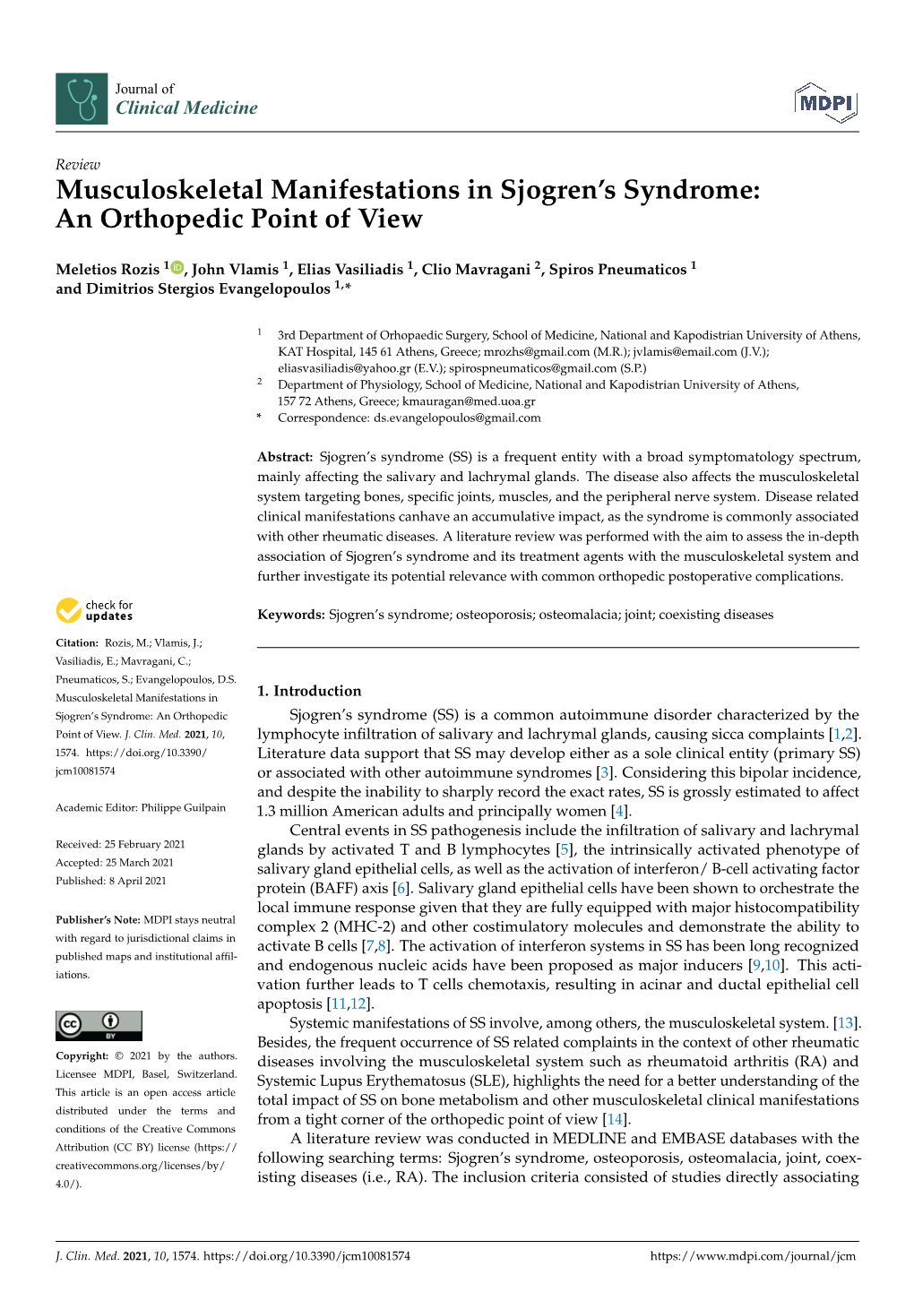 Musculoskeletal Manifestations in Sjogren's Syndrome