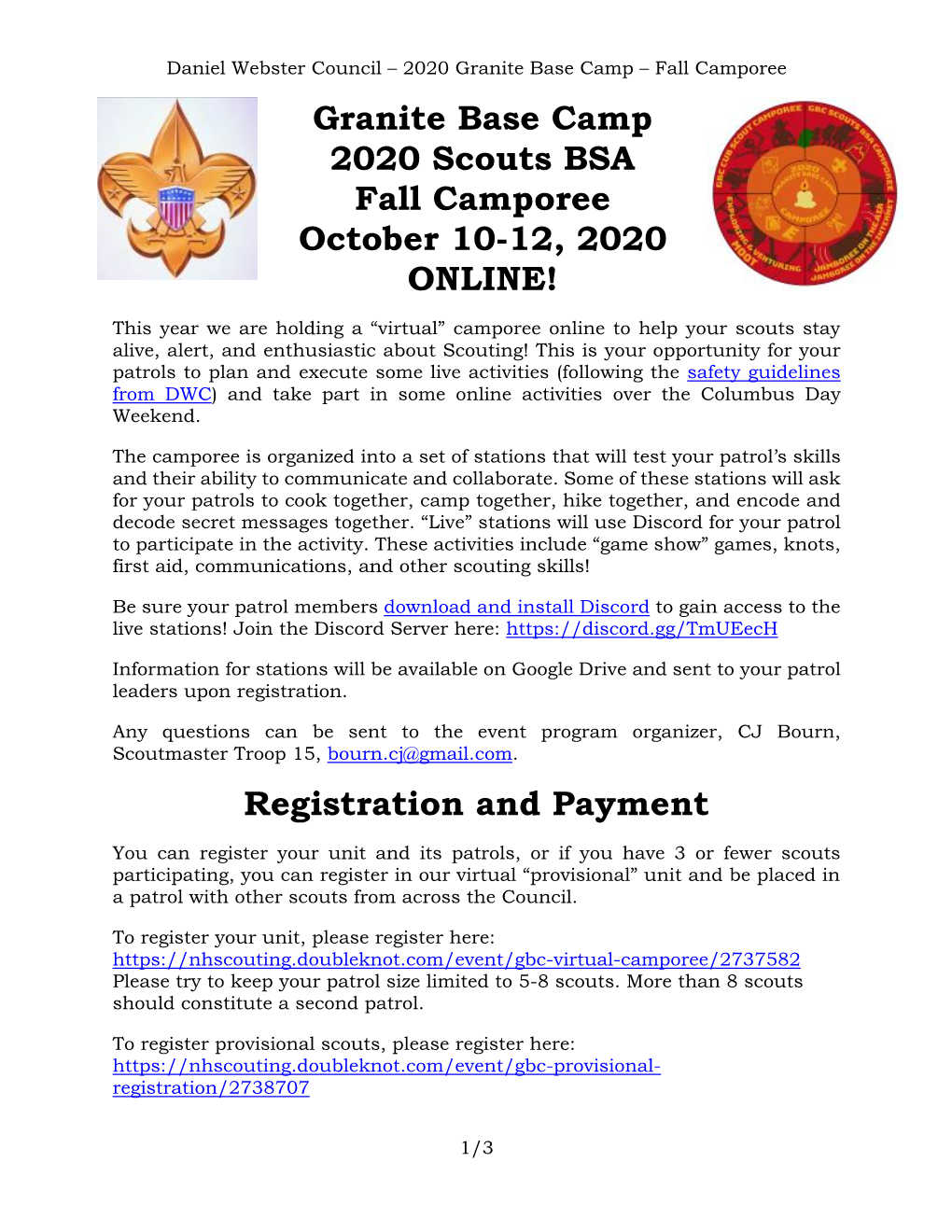 Granite Base Camp 2020 Scouts BSA Fall Camporee October 10-12, 2020 ONLINE!