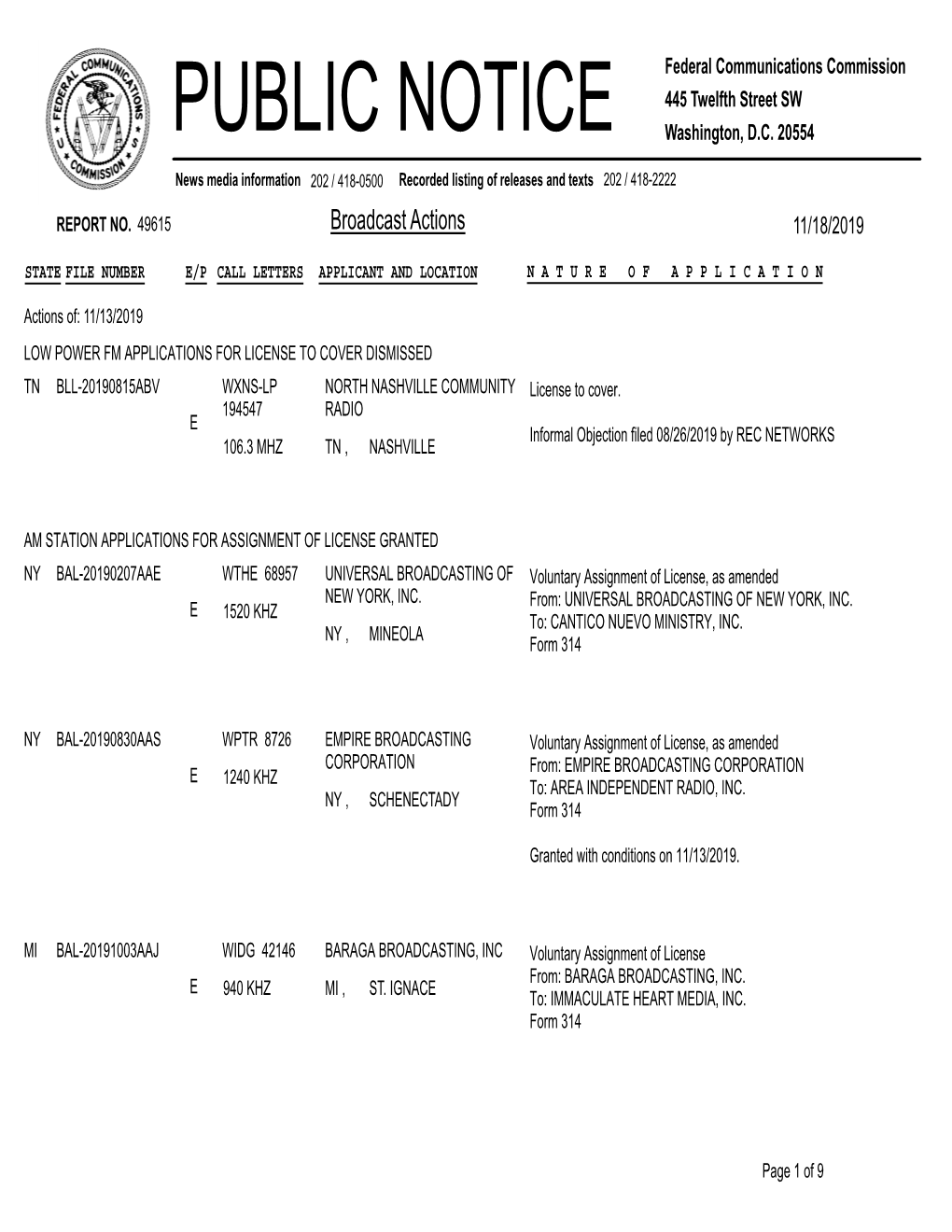 Broadcast Actions 11/18/2019