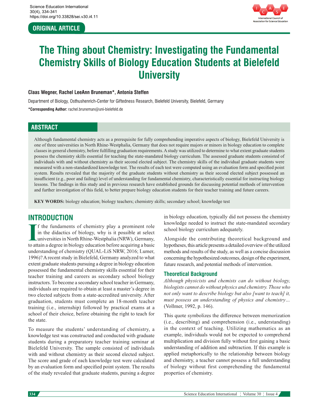 Investigating the Fundamental Chemistry Skills of Biology Education Students at Bielefeld University