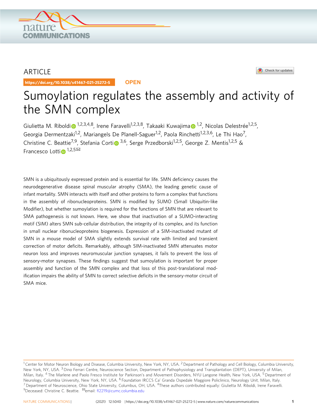 Sumoylation Regulates the Assembly and Activity of the SMN Complex
