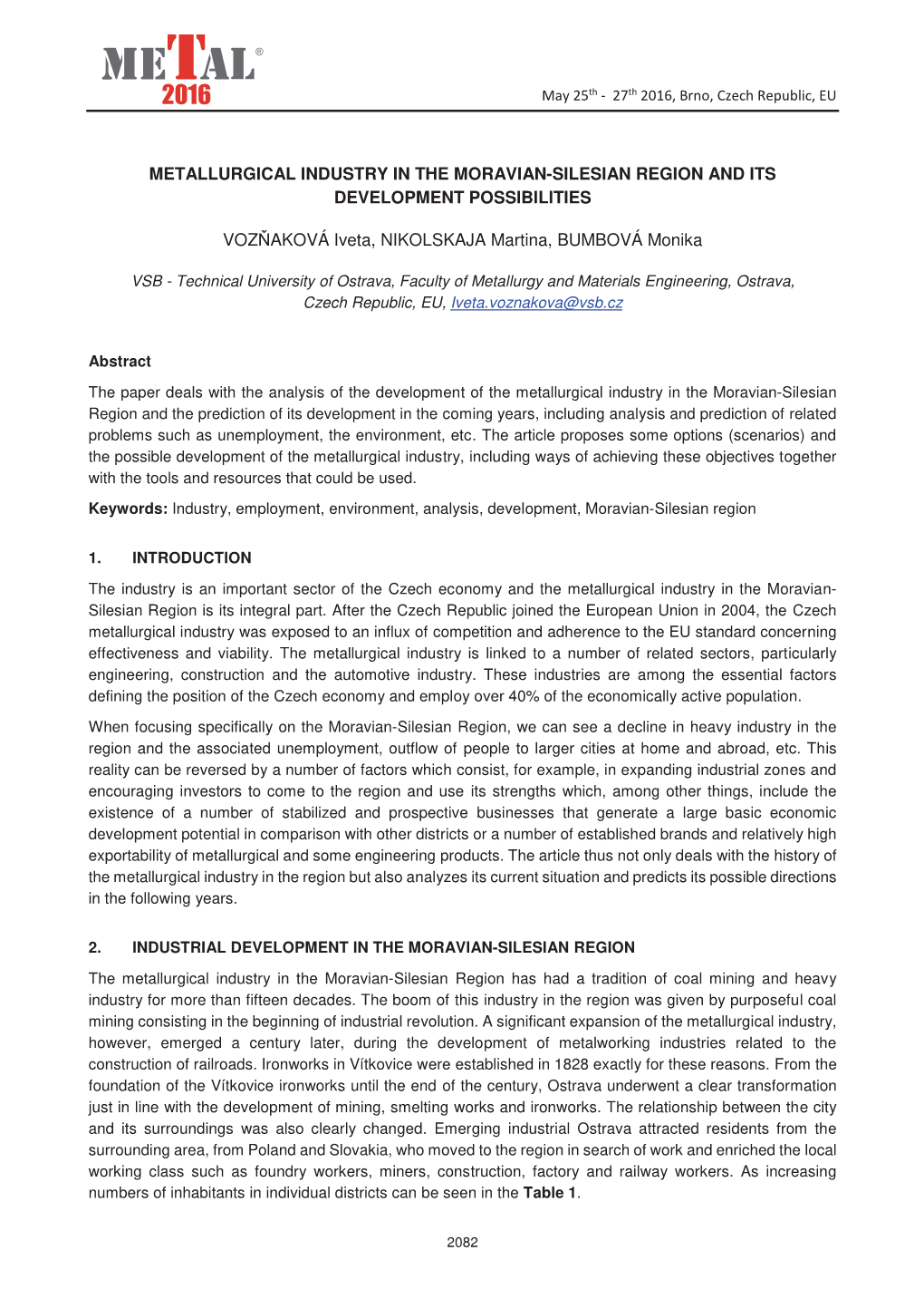 Metallurgical Industry in the Moravian-Silesian Region and Its Development Possibilities